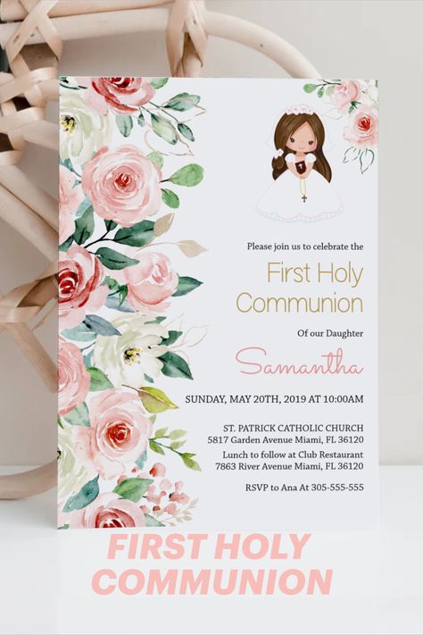 EDITABLE TEMPLATE Holy Communion Cards, Template Invitation Card, First Communion Decorations, Communion Decorations, Holy Communion Invitations, First Communion Invitations, Template Invitation, Communion Invitations, Floral Garland