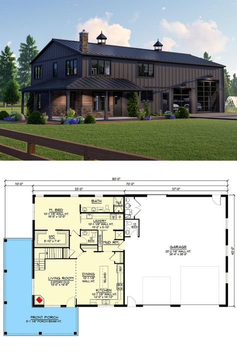 Deluxe Barndominium with 2-Story Living Room (Floor Plans) Shop And House Combo Plans, 40x60 Pole Barn House Plans, Barnodium Homes, Lewis Aesthetic, Prefab Shed, House Plans 2 Story, Shed Floor Plans, Prefab Sheds, Cottagecore House