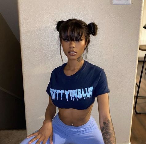 Womens Ponytail Hairstyles, Picture Inspo Instagram At Home Baddie, Bangs With Space Buns, Bang And Bob Black Women, Popular Photoshoot Ideas, Short Hairstyles Ponytails, Bangs With Bun Hairstyle, Two Buns Hairstyle With Bangs, Bang And Bun Hairstyles For Black Women