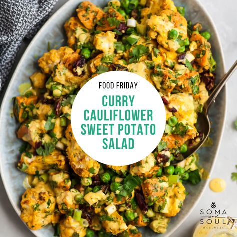 Cauliflower Sweet Potato Curry, Curried Cauliflower And Sweet Potato Bowls, Curry Cauliflower Salad, Curried Cauliflower Salad, Cauliflower Sweet Potato Recipes, Cauliflower Sweet Potato, Metabolic Recipes, Curry Cauliflower, Sweet Potato Salad Recipe