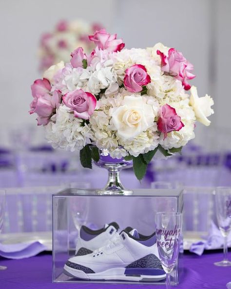 Purple Sneaker Ball Dresses, Purple Sneaker Ball Decorations, Sweet 16 Sneaker Ball Centerpieces, Sweet 16 Sneaker Ball Party Ideas, Sneaker Ball Centerpiece Ideas, Sneaker Ball Centerpieces, Sweet 16 Sneaker Ball, Sweet 16 Centerpiece Ideas, Pink Sweet 16 Dress