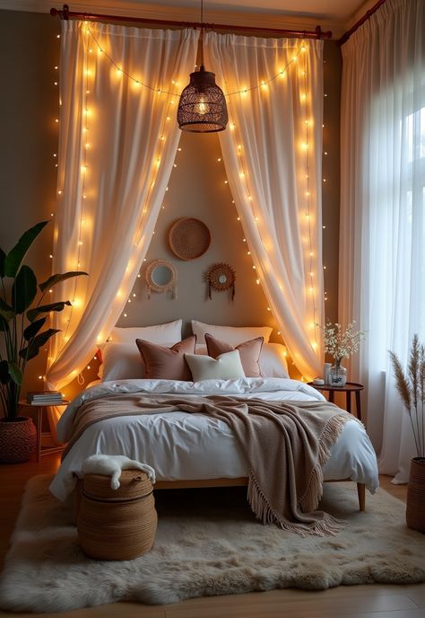 Boho Bedroom with Curtain Lights Country Bedroom Design, Boho Bedroom Design, Girly Apartments, Boho Style Bedroom, Elegant Mirrors, Small Bedroom Decor, Bohemian Bedroom Decor, Inspire Me Home Decor, Crystal Chandeliers