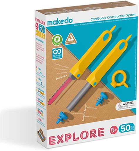 Amazon.com: Makedo Explore Toolbox | Cardboard Construction Tools for Kids Age 5+ | 50 Piece Toolkit in Small Sized Toolbox | Versatile Cars to Castles Building Kit | Perfect for at Home Creative Play : Toys & Games Cardboard Construction, Cardboard Castle, Cardboard Design, Stem Steam, 21st Century Skills, Construction Tools, Construction Toy, Stem Projects, Construction Toys