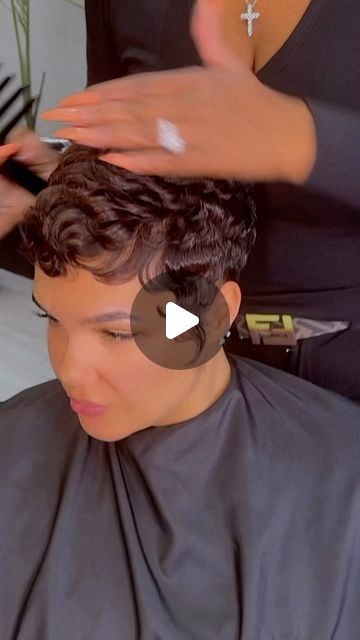 Curl Pixie Hair Tutorials, Relaxer Free Pixie Cut, How To Curl Pixie Hair, Pixie Pin Curls, Megan Good Short Hair, Short Hair Pixie Cuts Black Women, Pixie Wavy Hair, Natural Hair Pixie Cut, Curled Pixie