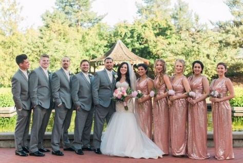 Sparkly rose gold/pink bridesmaids and gray groomsmen Glam Outdoor Wedding, Rose Gold Quinceanera Dresses, Wedding Rose Gold Theme, Rose Gold Quinceanera, Wedding Party Groomsmen, Groomsmen Grey, Outdoor Wedding Ideas, Event Hair, Quinceanera Dresses Gold