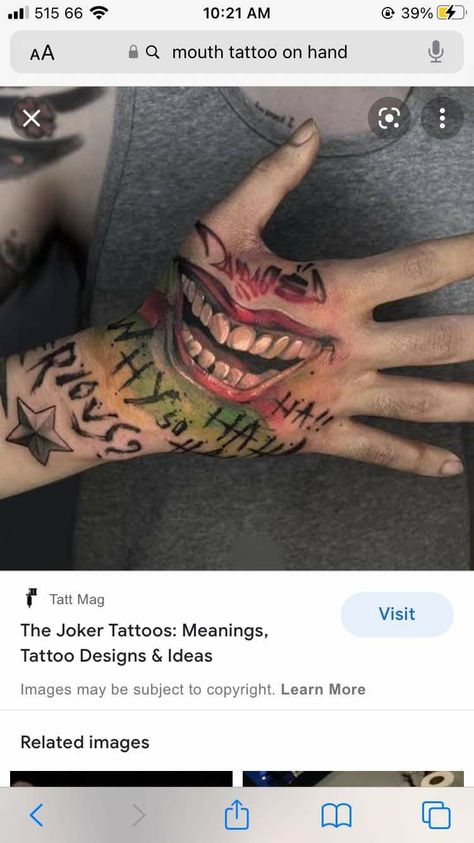 Mouth Tattoo On Hand, Joker Mouth Tattoo, Mouth Hand Tattoo, Joker Mouth, Mouth Tattoo, Tattoo On Hand, Lioness Tattoo, Joker Tattoo, Hand Tattoo