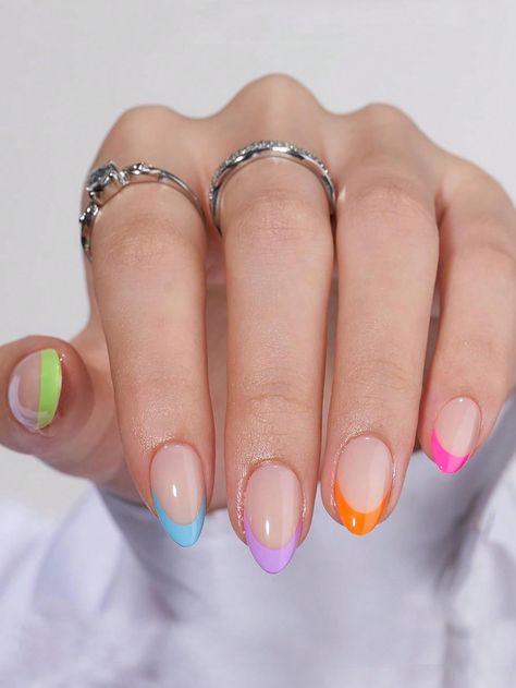 Multicolor  Collar  ABS   Embellished   Beauty Tools Gel French Tip, Gel French Tips, Rainbow French, Ongles Gel French, Press On Nails Almond, French Tip Press On Nails, Press On Nails Short, Almond Acrylic Nails, Vacation Nails