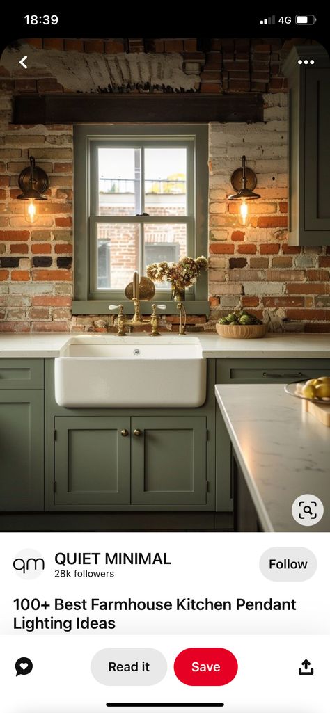 Brick Backsplash With Green Cabinets, Red Brick Backsplash Kitchen Green Cabinets, Green Cabinets With Brick Backsplash, Brick Backsplash Kitchen Green Cabinets, Red Brick Kitchen Backsplash, Brick Wallpaper Decor Ideas, Small Old Kitchen, Exposed Brick Walls Kitchen, Red Brick Kitchen