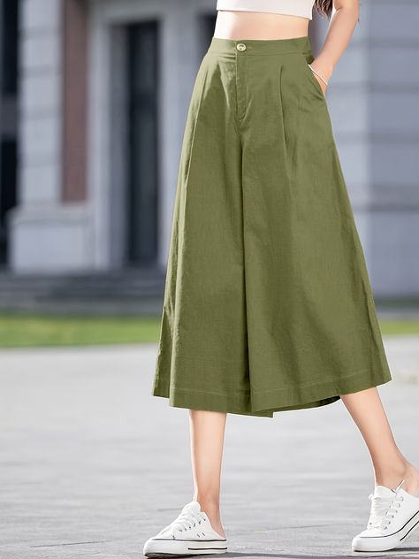 Solid Color Wide Leg Capris Pants - Effortlessly Chic & Loose Fit - Perfect for Spring & Summer - Womens Comfortable Casual Wear https://share.temu.com/WizWhtR6feA via @shoptemu Wide Leg Capris, Loose Pants, Curly Hair, Wide Leg Pants, Olive Green, Casual Wear, Curly Hair Styles, Wide Leg, Loose Fitting