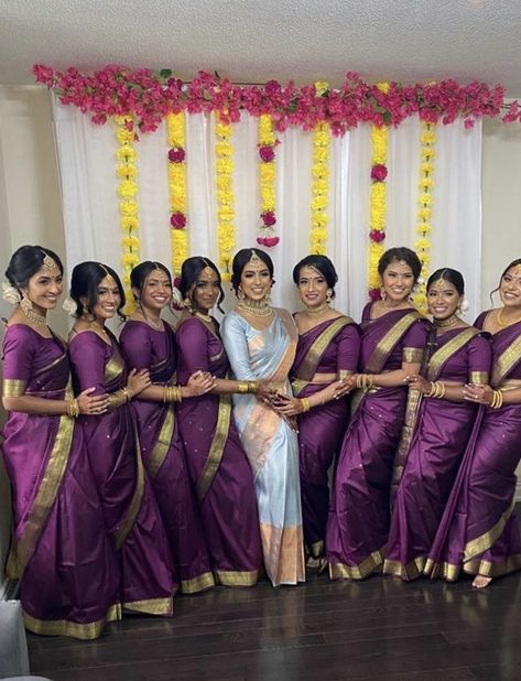 Haldi Theme Dress For Family, Tamil Bridesmaid, South Indian Bridesmaids, Desi Bridesmaids, Bridesmaid Bun, Bridesmaids Saree, Christian Wedding Dress, Unique Wedding Colors, Bridal Hairstyle Indian Wedding