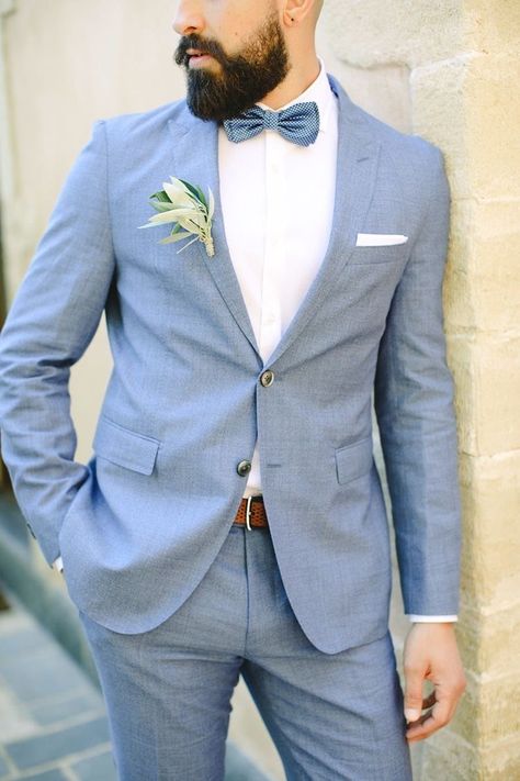 Anna Roussos, Suit And Bow Tie, Blue Tuxedo Wedding, Blue Groom, Groom's Attire, Costum Elegant, Wedding In Greece, Groom Wedding Attire, Blue Suit Wedding