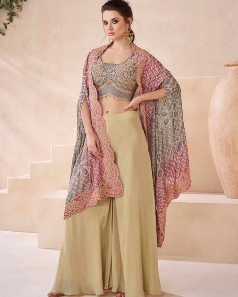 Real Georgette Shrug Style Sharara Choli https://www.urmifashion.com/salwar-kameez/sharara-suit #suit #suits #salwarkameez #anarkalisuits #partywearsuits #designersuits #festive #festivewear #festivecollection #onlinestore #indianclothing #clothingstore #clothing #clothingforwomen #fashionstyle #shopping #ethnicwear #womenclothing #partywear #designer #trending #onlineshopping #onlineshoppingindia #indianfashion #indianshopping #ethnic #ethnicfashion #sharara #shararasuit #plazzo Suit With Shrug, Beige Crop Tops, Readymade Salwar Kameez, Western Suits, Palazzo Suit, Lehenga Style, Sharara Suit, Cape Style, Designer Salwar Suits