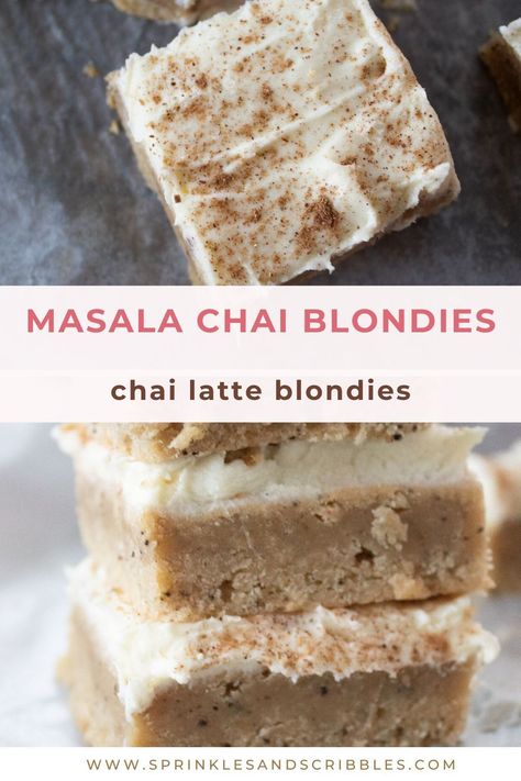 These masala chai blondies are the perfect dessert for all chai lovers – sweet chai blondie base with warm spices topped with a decadent whipped white chocolate frosting! Chai Spice Dessert, Chai Baked Goods, Chai Dessert Recipes, Fall Party Desserts, Chai Brownies, Chai Desserts, Chai Blondies, Weeknight Desserts, Chai Breakfast