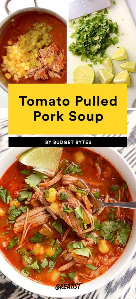 Pork And Tomatoes Recipe, Pulled Pork Soup, Low Carb Pulled Pork, Healthy Pulled Pork, Pork Soup Recipes, Pulled Pork Leftover Recipes, Healthy Pork Recipes, Bbq Pork Recipes, Pulled Pork Leftovers