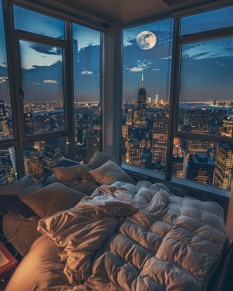 Small Bedroom With Balcony Design, Highrise Apartment Aesthetic Night, City Room Aesthetic, New York Aesthetic Room, Crappy Apartment Aesthetic, Penthouse Bedroom Design, Skyrise Apartment, High Rise Apartment Aesthetic, City Apartment Bedroom