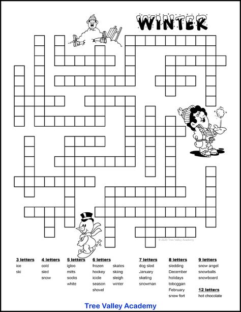 A black and white printable winter fill in word puzzle for kids. There are 32 winter activities words to fit in the puzzle. The words to fit are 3 to 9 letter words and a 12 letter word. There are 3 images that decorate the puzzle. A picture of a snowman snowboarding, a boy sitting in a pile of snow with a sled, and a boy throwing a snowball in the air. Fill In Puzzles For Adults, Fill In Crossword Puzzles Printable, Winter Crossword Puzzle Free Printable, Fill In Puzzles Free Printable, Winter Crossword, Crossword Puzzles For Kids, Word Puzzles Printable, Easter Word Search, Fill In Puzzles