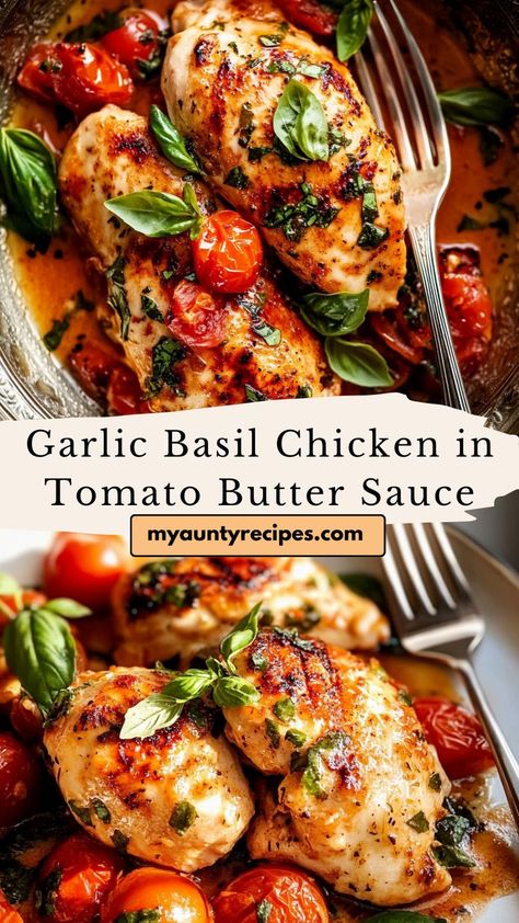 Enjoy the comforting flavors of fall with this garlic basil chicken in tomato butter sauce! The creamy, tomato-based sauce with a hint of basil adds rich depth to the tender chicken, making it a perfect dish for chilly evenings. Ideal for family dinners, this dish is sure to warm you up during the colder months. Tomato Basil Recipes, Garlic Basil Chicken, Tomato Butter Sauce, Tomato Basil Chicken, Tomato Butter, Basil Recipes, Basil Sauce, Fall Recipe, Creamy Tomato Sauce