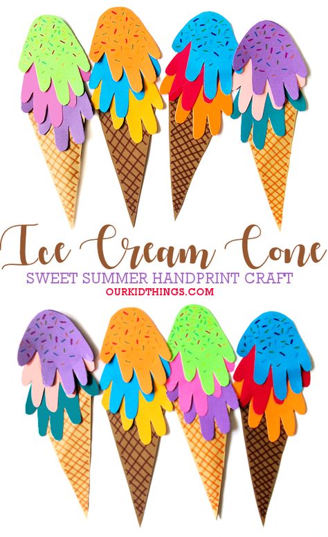 Handprint Ice Cream Cone Craft Summer Construction Paper Crafts, Ice Cream Cone Template Free Printable, T Shirt Crafts For Kids, Ice Cream Cone Crafts, Ice Cream Crafts For Kids, Ice Cream Cone Printable, Dessert Crafts, Owls Crafts, Ice Cream Cone Craft