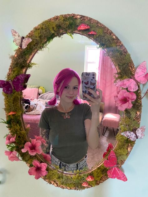 Handmade fairy mirror with moss, flowers, butterflies, and mushrooms Flower Framed Mirror, Mystic Bathroom Decor, Butterly Mirror, Fairy Inspired Decor, Diy Fairy Mirror Frame, Butterfly Mirror Diy, Moss Framed Mirror, Moss And Flower Mirror, Moss Mirror Diy With Flowers