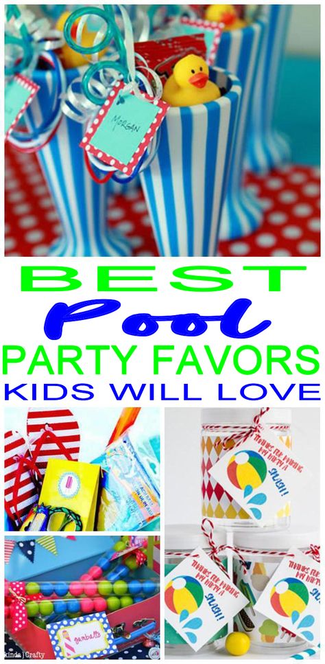 Party Favors! BEST party favors for a pool theme party! Coolest take home gifts children of all ages will love! Great for boys & girls! DIY, goodie bags & more. Find the best birthday party favors kids will want for a pool party or end of season party or swim meet gifts. Grab some party supplies and make your pool party amazing! #kidsbirthday #kidsparty #kidpartyideas End Of School Year Pool Party, Swim Party Favors, Pool Party Gift, Birthday Party Goodie Bags, Summer Party Favors, Party Favor Ideas, Pool Party Themes, Pool Party Kids, Pool Party Favors