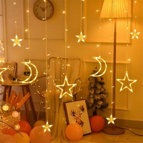 Moon and Star Fairy Lights Introduce a wonderful warm white sparkle to your windows with our lightweight moon and star curtain light. The perfect backdrop for Ramadan and Eid celebrations, casting a soft, warm white glow across your window when illuminated. Also available in multicoloured and cool white. 🌟8 different modes: Combination, Waves, Sequential, Slo-glow, Chasing/Flash, Slow Fade, Twinkle/Flash, Steady On. 🌟Small Star diameter 10cm 🌟Big moon diameter 19cm 🌟Tansparent cable length 3 Ideas Decoracion Navidad, Decoraciones Ramadan, Led Star Lights, Christmas Light Curtains, Led Curtain Lights, Outdoor Fairy Lights, Led Curtain, Curtain String Lights, Ramadan Decoration