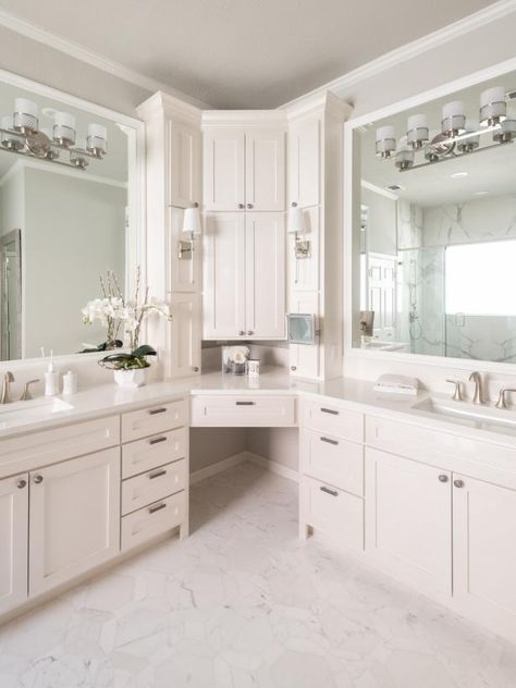 Check out this unique corner double vanity bathroom on HGTV.com. Corner Double Vanity Bathroom, Master Bath Corner Vanity, Corner Double Vanity, L Shaped Bathroom Vanity, Corner Cabinet Ideas, Bathroom Corner Cabinet, Master Addition, Corner Bathroom Vanity, Vocal Cords