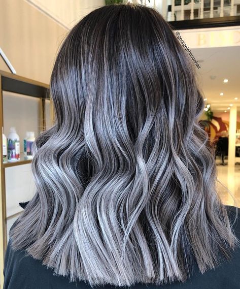 40 Bombshell Silver Hair Color Ideas for 2020 - Hair Adviser Silver Hair Highlights On Brown Hair, Metallic Silver Hair, Dark Silver Hair, Silver Hair Shampoo, Brown Hair With Silver Highlights, Metallic Hair Color, Gray Transition, Silver Blue Hair, Matrix Hairstyle