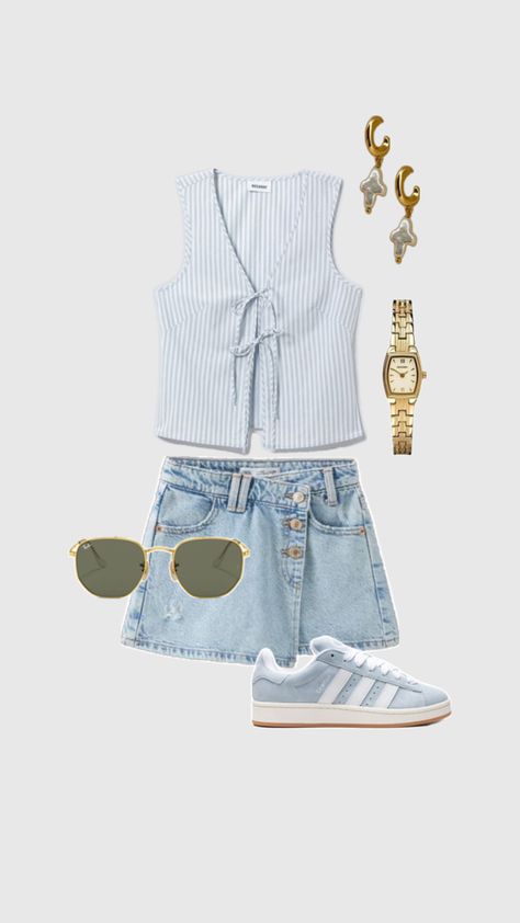 "Get inspired for summer with this trendy outfit! Featuring a light blue pinstriped shirt adorned with bows, a chic denim skort, stylish gold jewelry, and blue Adidas Gazelles. Perfect for a fresh, fashionable look. #SummerStyle #OutfitInspo #TrendyFashion" Eurotrip Outfits, Adidas Gazelles, Girls Clothing Stores, Ny Outfits, Denim Skort, Timeless Outfits, Denim Chic, Cute Preppy Outfits, Trendy Summer Outfits