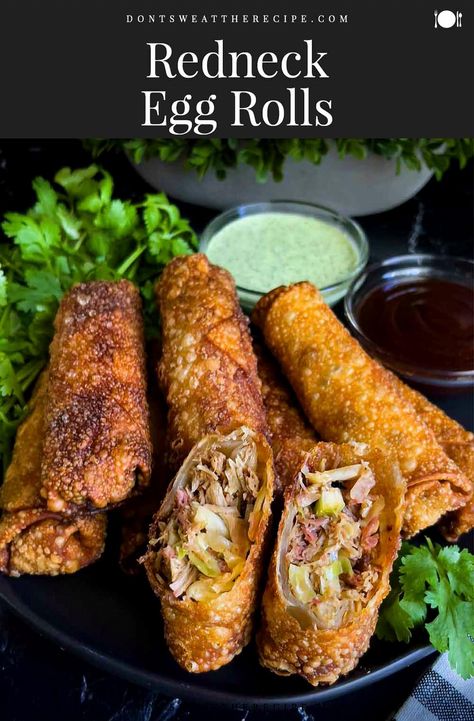 Indulge in the savory goodness of Southern-Style Egg Roll Delights, where classic Southern flavors meet the crispy, golden perfection of egg rolls. These mouthwatering treats are packed with a delightful blend of seasoned meats, fresh vegetables, and a hint of spice, all wrapped up in a crunchy shell. Perfect for parties, family gatherings, or a cozy night in, these egg rolls are sure to impress your taste buds and transport you to the heart of Southern comfort. Get ready to savor every bite and share the joy with friends and family. Pulled Pork Slaw, Fried Rolls, Pulled Pork Egg Rolls, Pork Egg Roll Recipes, Bbq Egg, Homemade Egg Rolls, Pork Egg Rolls, Chicken Egg Rolls, Chinese Cooking Recipes