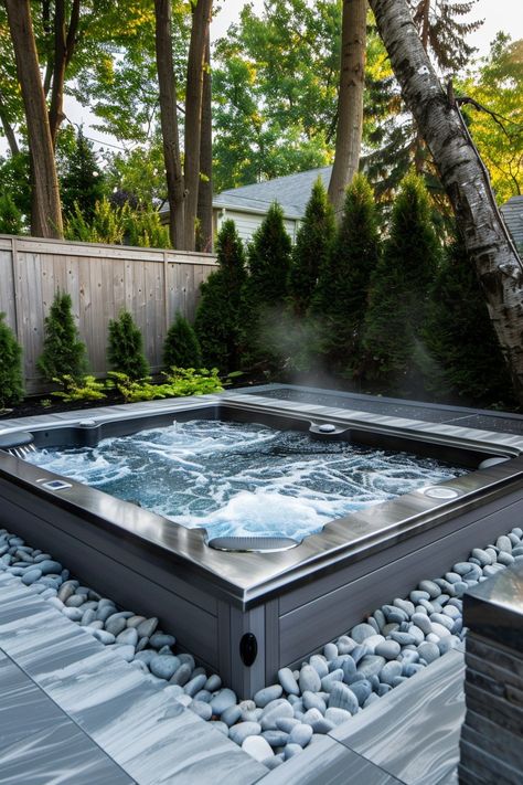 Large Jacuzzi Outdoor, Outdoor Living Hot Tub, Home Hot Tub Ideas, Patio Layout With Hot Tub, Inground Hot Tub With Waterfall, Covered Patio Hot Tub, Big Hot Tub, Large Hot Tub Ideas Backyard, Small Underground Pool