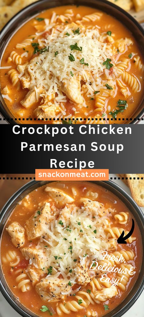 Crockpot Chicken Parmesan Soup Recipe - Snack On Meat Chicken Parmesan Soup Recipe, Slow Cooker Kip, Chicken Parmesan Soup, Slow Cooker Chicken Parmesan, Crockpot Chicken Parmesan, Chicken Cooker, Parmesan Soup, Crockpot Soup, Diner Recept