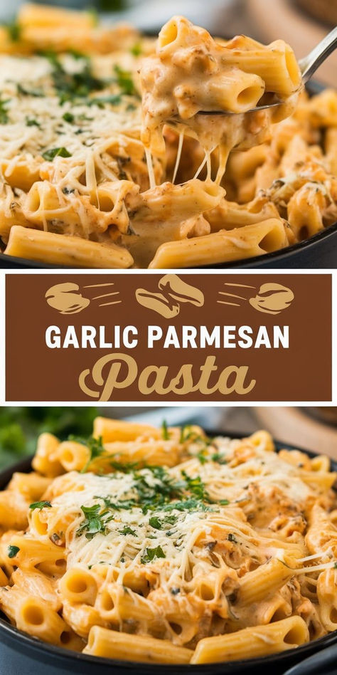 Creamy, garlicky, and loaded with Parmesan, this Garlic Parmesan Pasta is the ultimate comfort meal! Easy to make and perfect for a quick weeknight dinner. Beef And Rotini In Garlic Parmesan, One Pot Parmesan Pasta, Pasta Food Ideas, Quick Dinner Pasta, Creamy Garlic Parmesan Pasta, Dinner Recipes Pasta, Garlic Parmesan Pasta, Pasta Sides, Parmesan Pasta