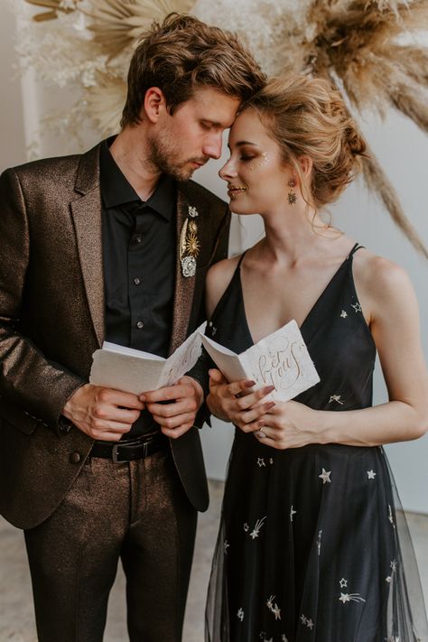 Celestial Wedding Groom Suit, Celestial Groom Attire, Celestial Wedding Tuxedo, Celestial Mens Fashion, Celestial Wedding Groom, Celestial Wedding Suit, Starfall Wedding, Gold Celestial Wedding, Black Gold Wedding Theme