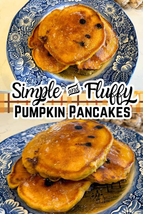 This easy recipe whips up in under 15 minutes, and is perfect for a busy fall morning! Thick and fluffy pumpkin pancakes with or without chocolate chips! #pumpkin #pancakes Quick Pumpkin Pancakes, Pumpkin Chocolate Chip Pancakes Easy, Pumpkin Pancakes With Krusteaz, Pumpkin Chocolate Chip Pancakes, Luke’s Pumpkin Pancakes, Fluffy Pumpkin Pancakes, Chicken Taco Soup Recipe, Whipped Pumpkin, Freezer Jam Recipes