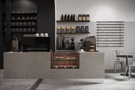 Coffee bar interior on Behance Coffee Bar Interior, Small Coffee Bar Ideas, Small Coffee Bar, Nature Materials, Modern Coffee Shop, Cafe Counter, Coffee Bar Ideas, Coffee Bar Design, Small Cafe Design