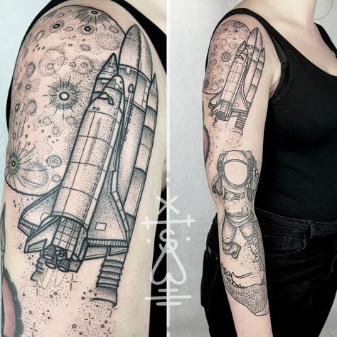 See this Instagram photo by @tilldthtattoo • 2,711 likes Rocket Ship Tattoo, Space Sleeve, Outer Space Tattoos, Space Tattoo Sleeve, Rocket Tattoo, Space Tattoos, Astronaut Tattoo, Circle Tattoos, Planet Tattoos