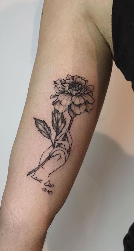 Poppy Marigold Tattoo, Marigold Tattoo Black And Grey, Marigold And Cosmos Flower Tattoo Sleeve, Marigold Tattoos For Women, Marigold With Butterfly Tattoo, Marigold Black And White Tattoo, Marigold Tattoo Design Black And White, Black And White Marigold Tattoo, Marigold Flower Tattoo Black And White