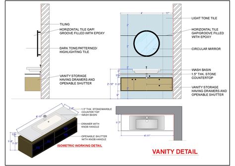 #Autocad #drawing of a #bathroom #vanity designed in size (5'x1'-9") having a over counter wash basin. It has been planned with drawers and openable shutter storage. A round mirror over the vanity added beauty to the entire space of the bathroom. Drawing consists of working drawing/Construction detail. #workingdrawing #cad #caddesign #caddrawing #freecaddrawing #planndesign Bathroom Details Drawing, Drawer Detail Drawing, Basin Vanity Design, Vanity Drawing, Basin Counter Design, Counter Wash Basin, Iconic Bathroom, Bathroom Vanity Counter, Drawing Construction