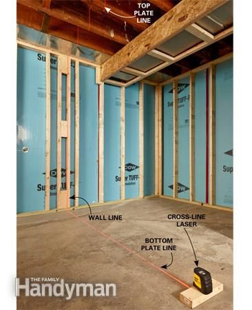 How to Use a Laser Level: Transferring wall layout lines with a cross-line laser level. http://www.familyhandyman.com/tools/how-to-use-a-laser-level/view-all Framing Basement Walls, Basement Layout, Basement Finishing, The Family Handyman, Diy Basement, Basement Windows, Basement Makeover, Basement Ceiling, Rental House