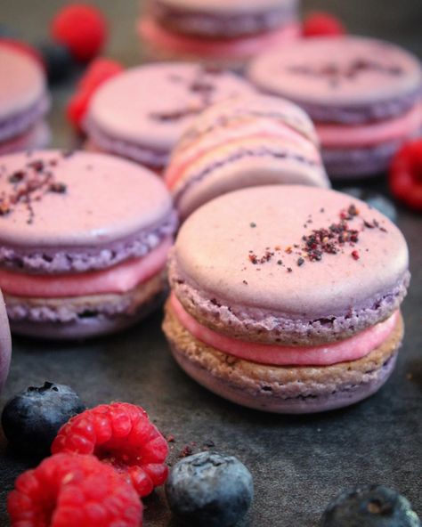 Berry Macarons with Hibiscus Tea Buttercream | Jam Lab Berry Macarons, Christmas Macaroons, Colorful Food, Berry Tea, Macaron Cookies, Buttercream Filling, French Dishes, Food Sweet, Macaron Recipe