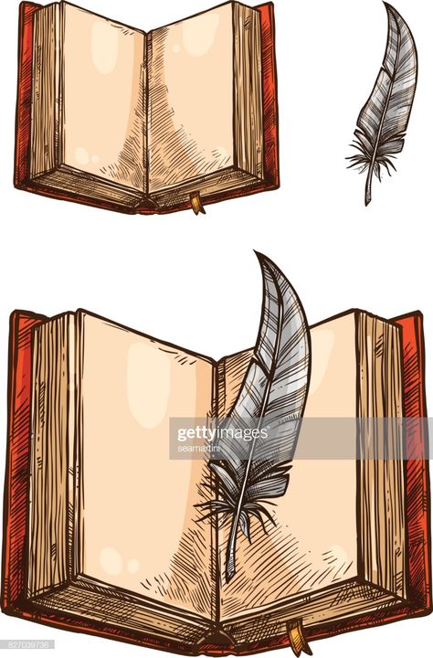 stock illustration : Open book with empty page and feather pen sketch Open Book Art Drawing, Book Pen Photography, Burning Book Drawing, Book Open Illustration, How To Draw An Open Book, Open Book Drawing Sketches, Open Book Painting, Old Book Drawing, Book Drawing Aesthetic