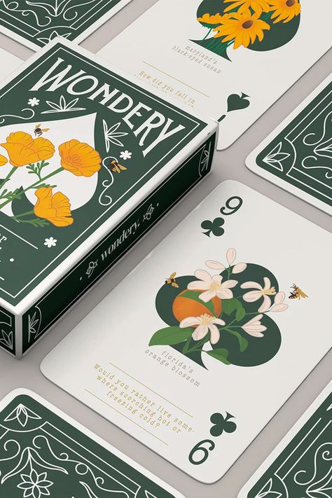 Playing cards that highlight the beauty of America's state flowers. Deal 'em for your favorite card game, or use the questions on each one to spark conversation — such as "Would you rather?" or "Your favorite outdoor memory." Pretty Deck Of Cards, Creative Leave Behinds, Floral Playing Cards, Card Games Design Ideas, Greeting Cards Graphic Design, How To Play Card Games, Flower Playing Cards, Deck Of Cards Graphic Design, Gaming Cards Design