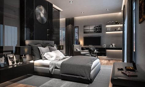 A huge modern bedroom with its own living room, illuminated floating shelves, hardwood floors, and recessed ceiling lights. Modern Luxury Bedroom Black, Black Luxury Bedroom, Idea Bilik Tidur, Reka Bentuk Bilik Tidur, Black Bedroom Design, Hiasan Bilik Tidur, Modern Luxury Bedroom, Luxury Bedroom Design, Bedroom Setup