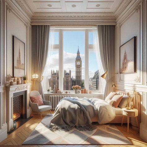 ✨ Dreamy London mornings ✨ Waking up to this stunning view of Big Ben and the charming cityscape is pure bliss 🤎🤎 Follow @hale_interior_design for more inspiration Design by @hale_interior_design #londonliving #interiordesign #cozyvibes #roomwithaview #homeinspiration #interior #architecture #londonluxuryhomes #london #londonlife #dreamhome #deco #cozyhome #cozyvibes London Apartment Aesthetic, London Flat Interior, London Townhouse Interior, London House Interior, Textured Brick Wallpaper, London Mansion, London Bedroom, Townhouse Interior, Bloxburg Houses