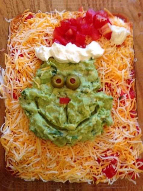 Layered Mexican Dip with the Grinch Themed Christmas Party Ideas, Grinch Themed Christmas Party, Grinch Themed Christmas, Themed Christmas Party, Christmas Party Ideas, Grinch Christmas Party, Christmas Recipes Appetizers, Christmas Brunch, Xmas Food