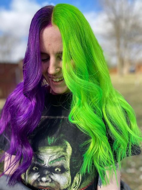 Purple And Lime Green Hair, Green And Purple Hair Split, Half Green Half Purple Hair, Neon Green And Purple Hair, Purple And Green Split Dye, Purple And Green Hair Ideas, Spooky Hair Color, Green Purple Hair, Pink And Green Hair