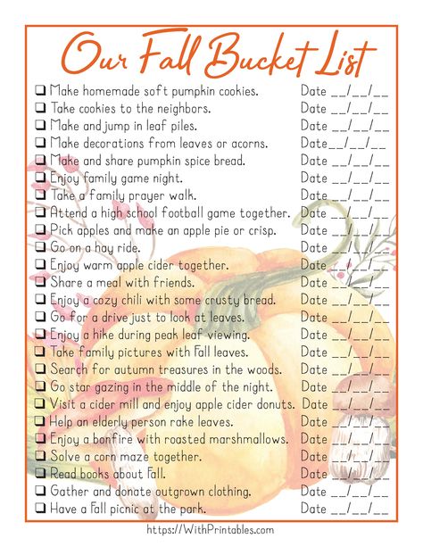 Free Printable Fall Bucket List for Families Don't Celebrate Halloween, Bucket List For Families, Fall List, Fall Checklist, Soft Pumpkin Cookies, Fall Family Fun, Family Printables, Japan Winter, Bucket List Family