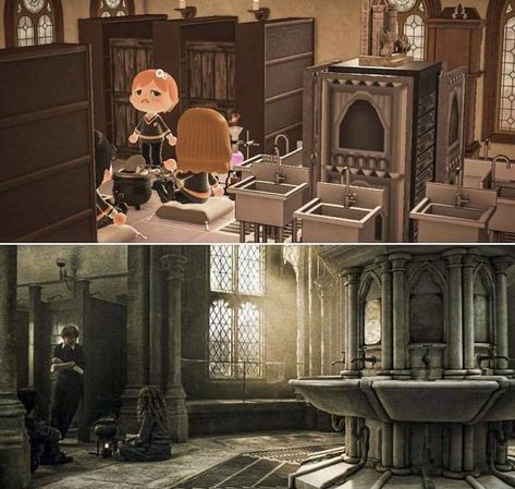 Hogwarts Animal Crossing, Acnh Slytherin, Acnh Hogwarts, Harry Potter Animal Crossing, Acnh Harry Potter, Achn Ideas, Haunted Island, Hogwarts Room, Harry Potter Castle