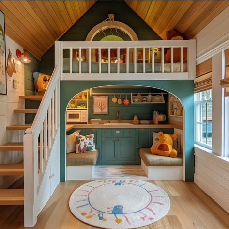 Active Kids Room, Ryan Saghian, Playhouse Interior, Yellow Kitchen Cabinets, Kids Loft, Kids Bedroom Inspiration, Twin Bedroom, Kids Interior Room, Attic Rooms