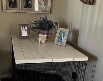 Farmhouse Dog Kennel, Wood Slates, Crate Topper, Ugly Dog, Kennel Furniture, Dog Crate Table, Crate End Tables, Puppy Room, Dog Kennel Cover